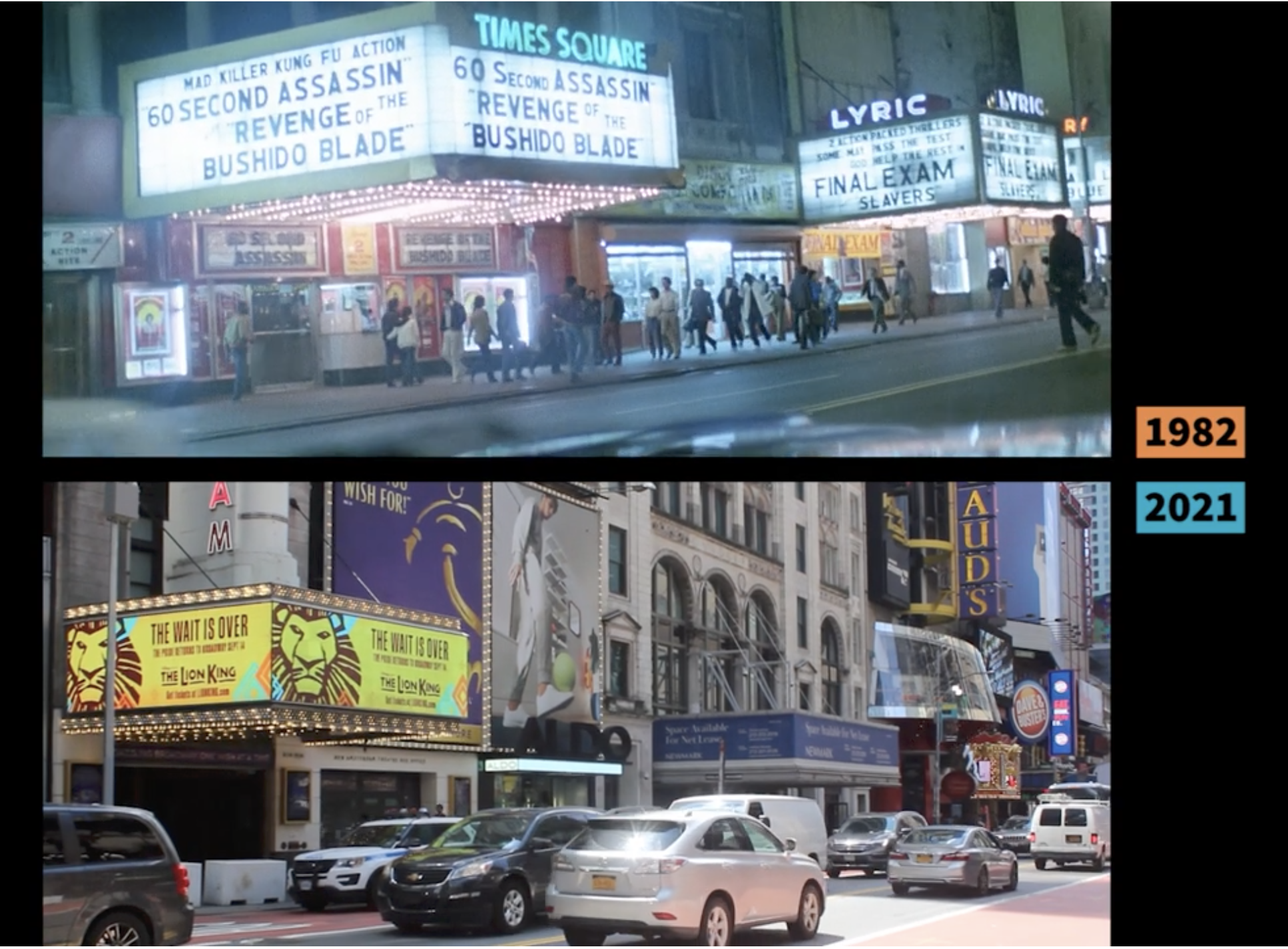 Then and Now of Lucio Fulci's shots of times square in New York Ripper
